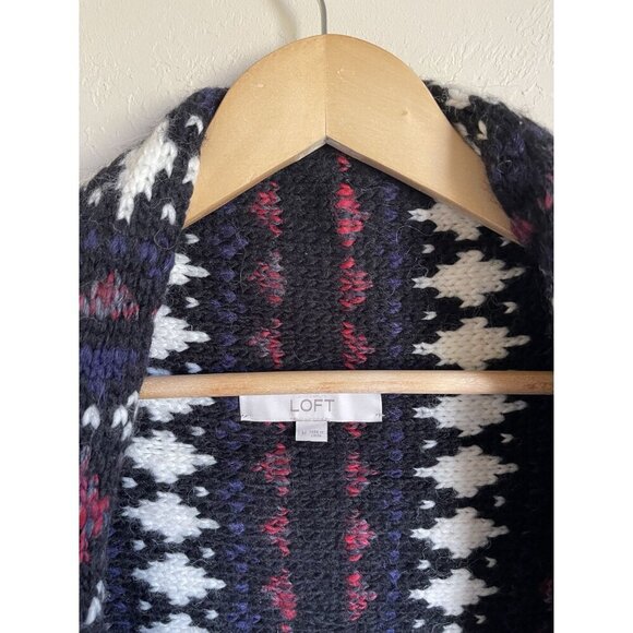 LOFT Size Medium Wool Alpaca Blend Open Cardigan Sweater Black White Purple Red - Picture 5 of 9